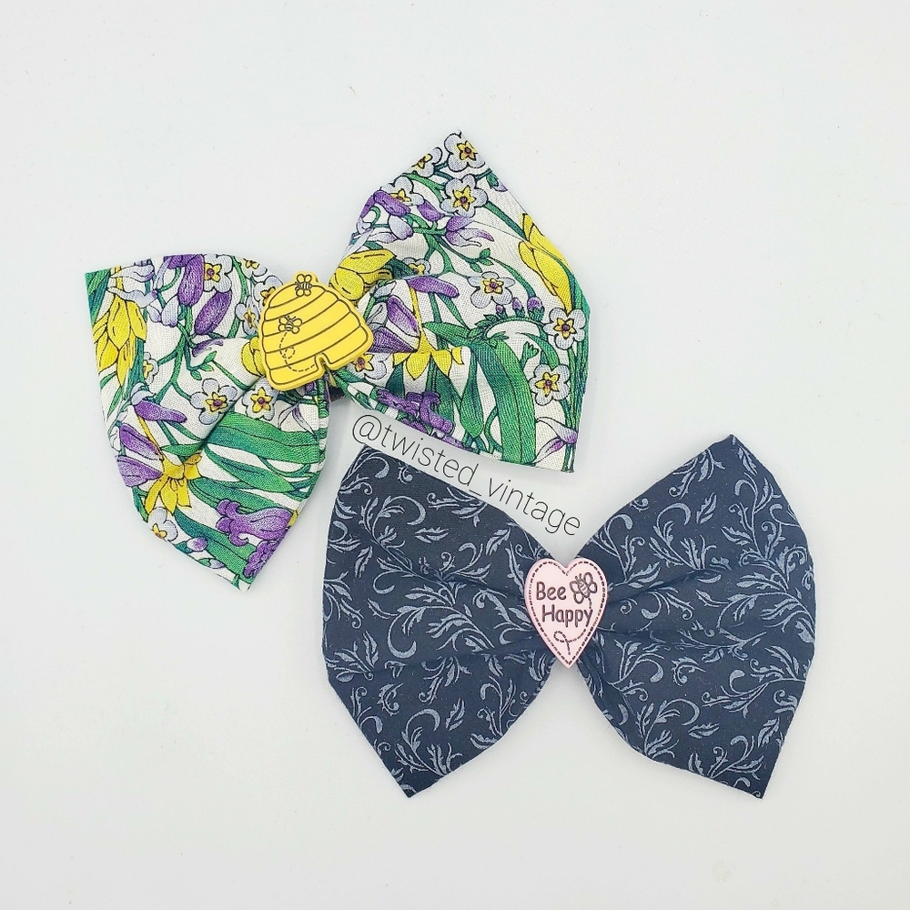 Beehive Bee Themed Hair Bow Clips Set of 2 Handmade Bee Happy Floral Print Bows